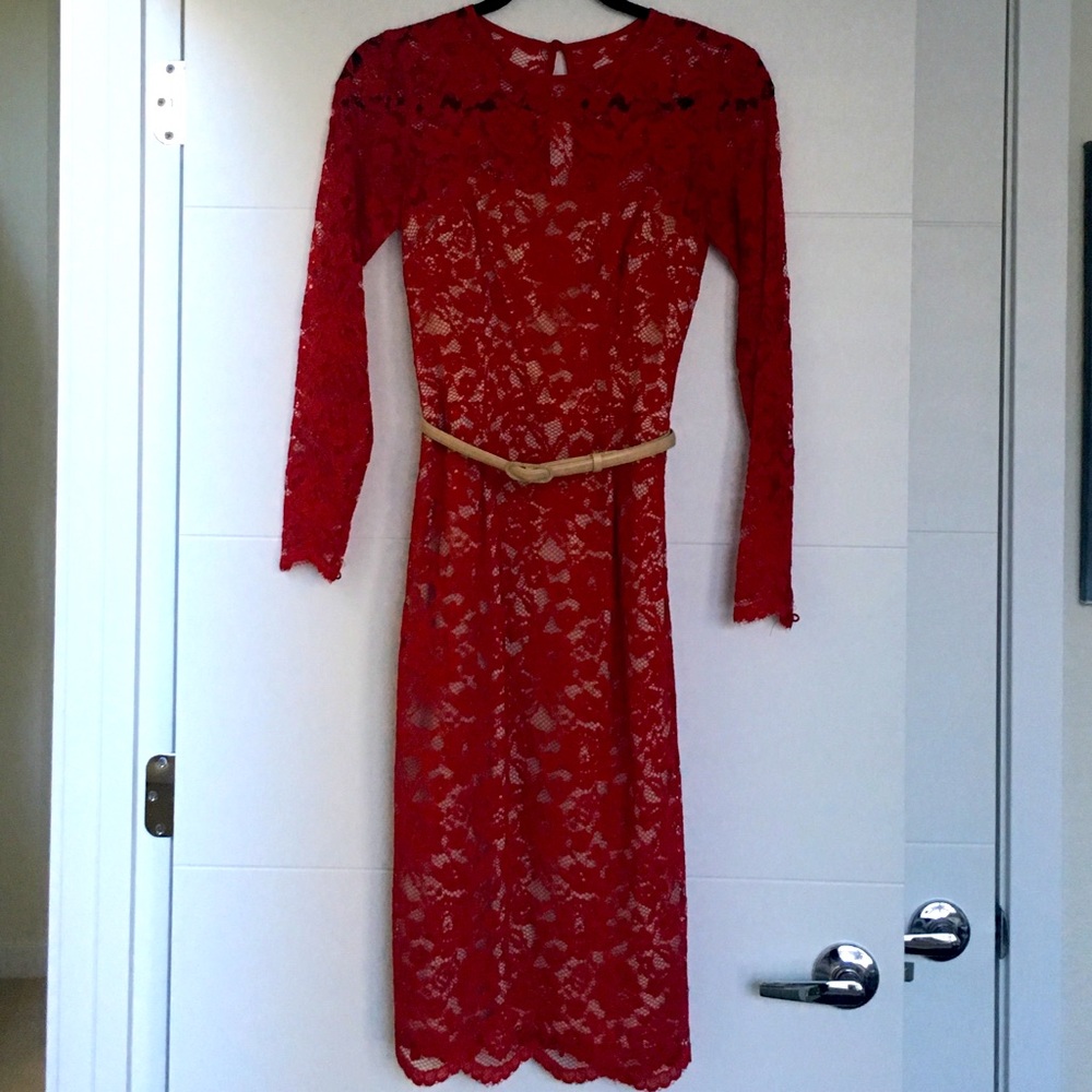 Long sleeve red lace dress with belt